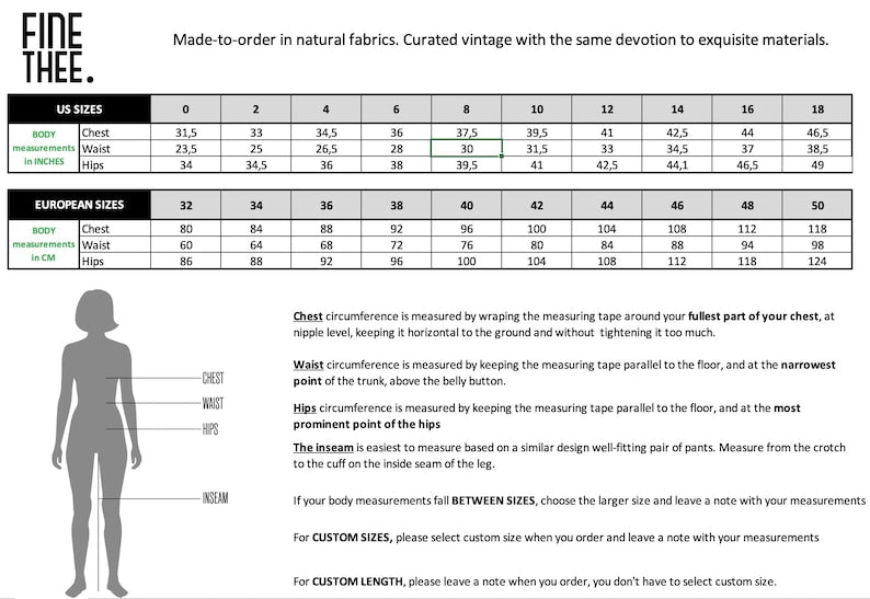 Measurement chart for clothing sizes with a silhouette illustration, used by 'Fine Thee' brand.
