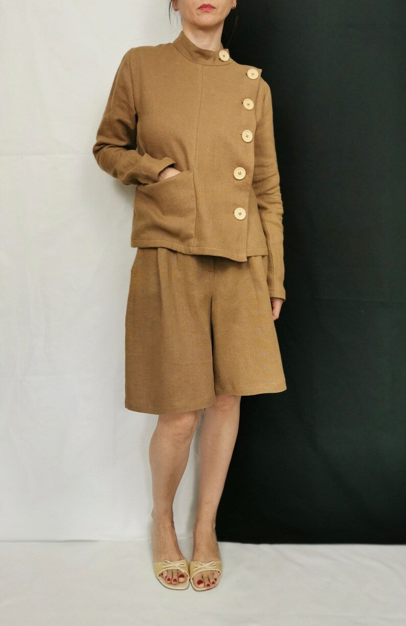 Handmade Two Piece Linen Set for Women, Chic Minimalist Long Sleeve Blouse with Side Button Up and Bermuda Shorts with High Rise and Pleats