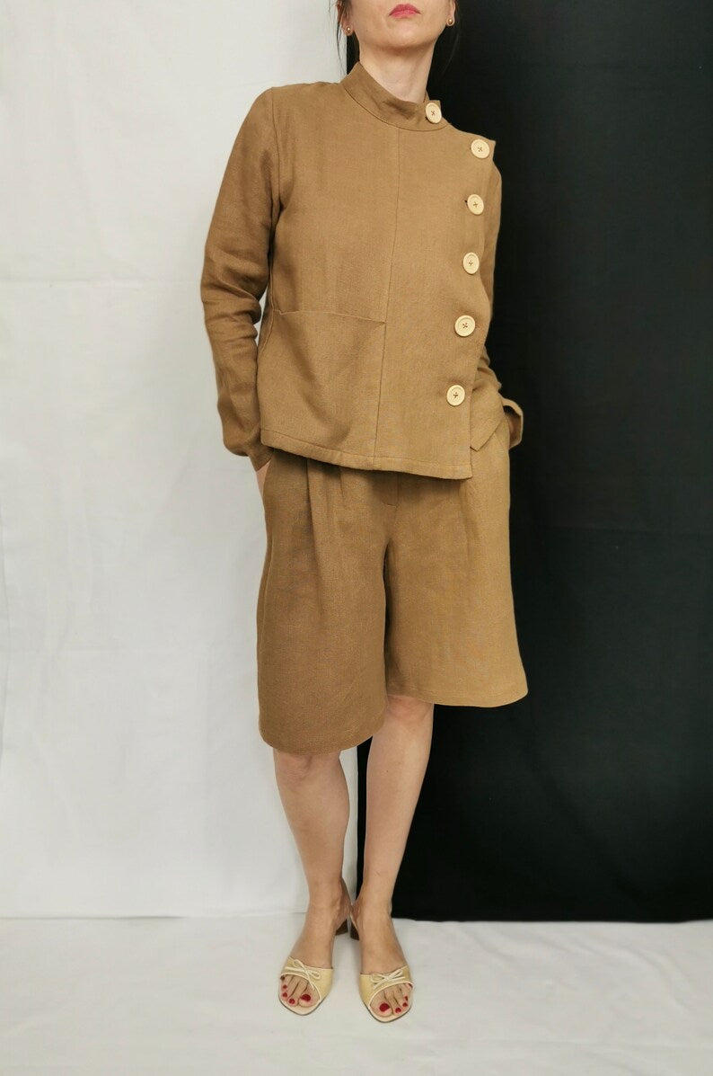 Handmade Two Piece Linen Set for Women, Chic Minimalist Long Sleeve Blouse with Side Button Up and Bermuda Shorts with High Rise and Pleats