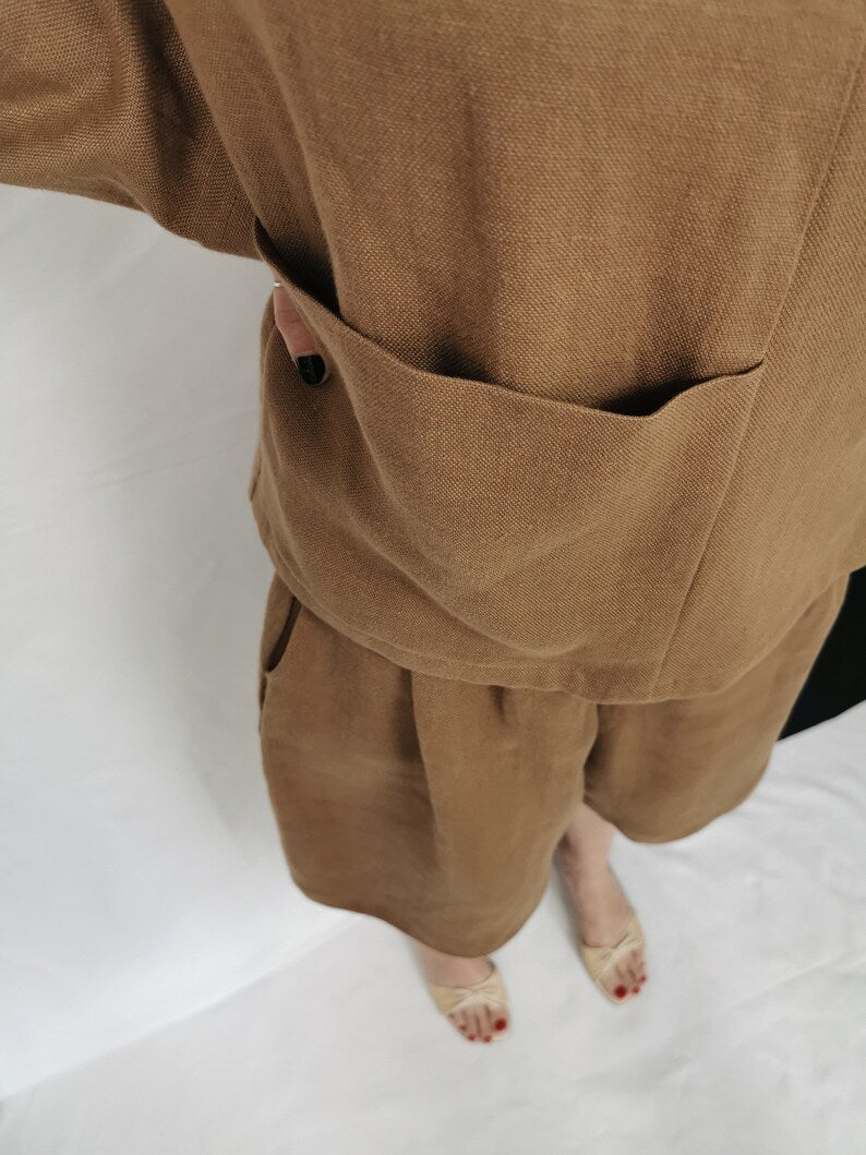 Handmade Two Piece Linen Set for Women, Chic Minimalist Long Sleeve Blouse with Side Button Up and Bermuda Shorts with High Rise and Pleats