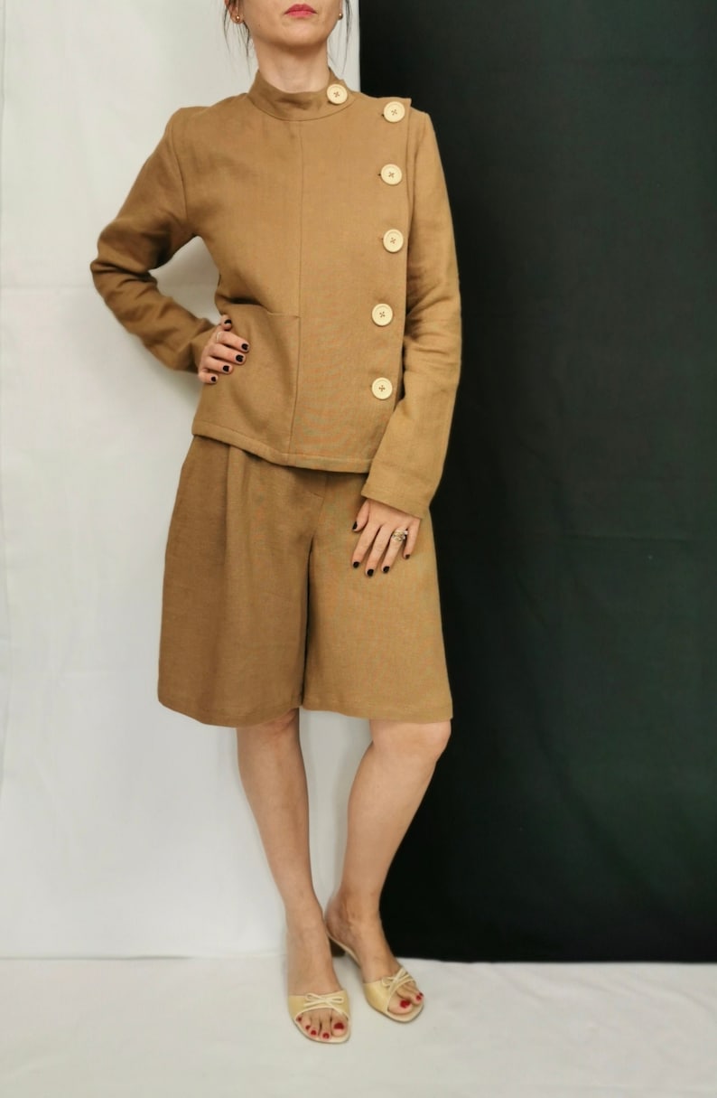 Handmade Two Piece Linen Set for Women, Chic Minimalist Long Sleeve Blouse with Side Button Up and Bermuda Shorts with High Rise and Pleats