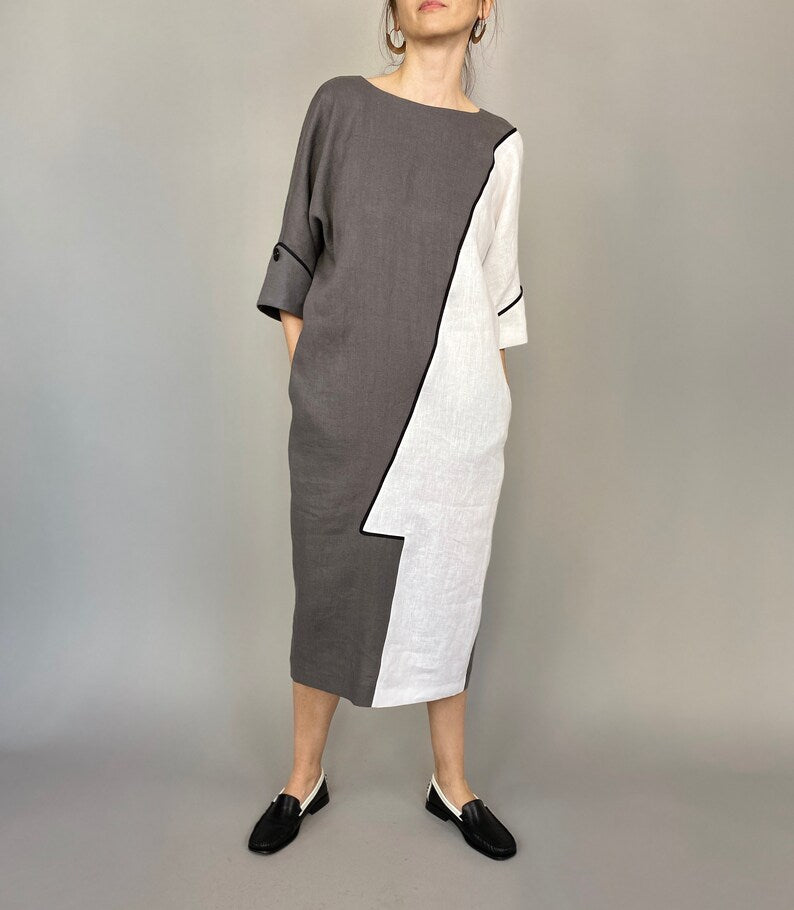 Handmade Linen Dress for Women, Back Button, Two Tone Midi Dress, Relaxed Fit Summer Dress with Pockets, Chic Office Dress