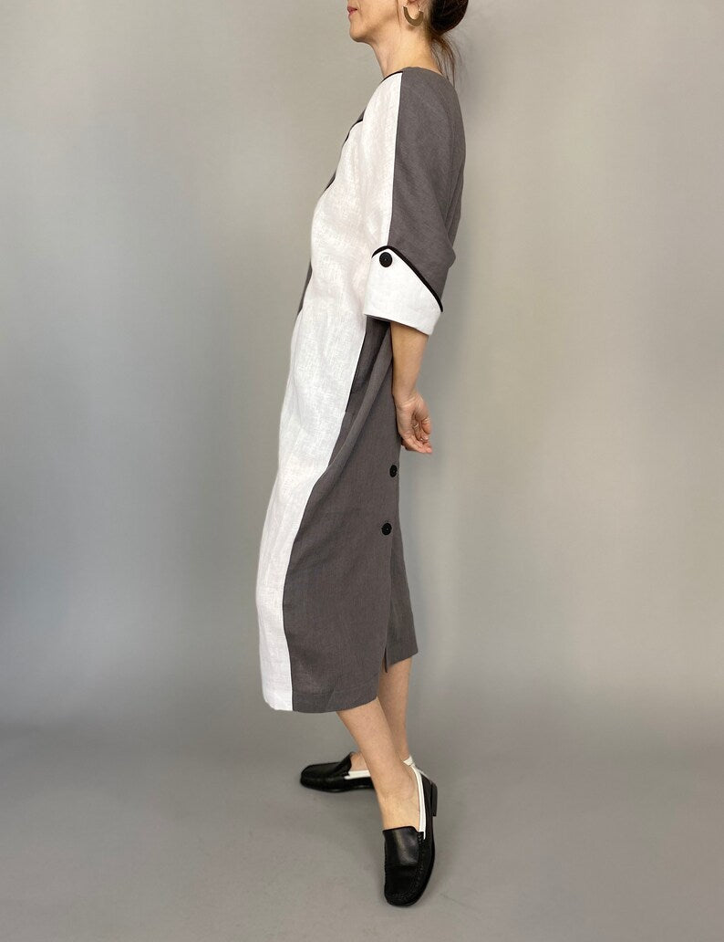 Handmade Linen Dress for Women, Back Button, Two Tone Midi Dress, Relaxed Fit Summer Dress with Pockets, Chic Office Dress