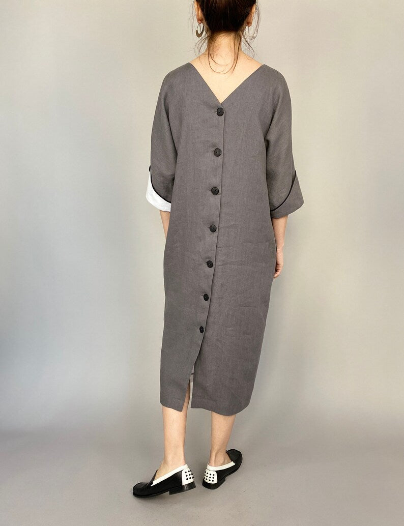 Handmade Linen Dress for Women, Back Button, Two Tone Midi Dress, Relaxed Fit Summer Dress with Pockets, Chic Office Dress