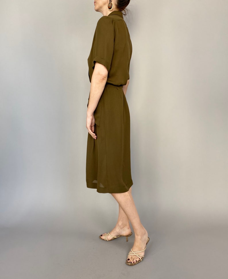 Handmade 100% Silk Midi Shirt Dress for Women Khaki Brown, Tie-Waist, Airy Summer Dress for Work or Casual Outings