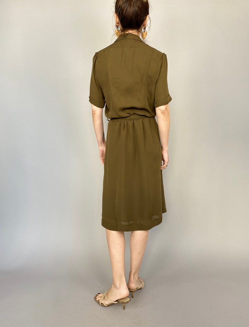 Handmade 100% Silk Midi Shirt Dress for Women Khaki Brown, Tie-Waist, Airy Summer Dress for Work or Casual Outings