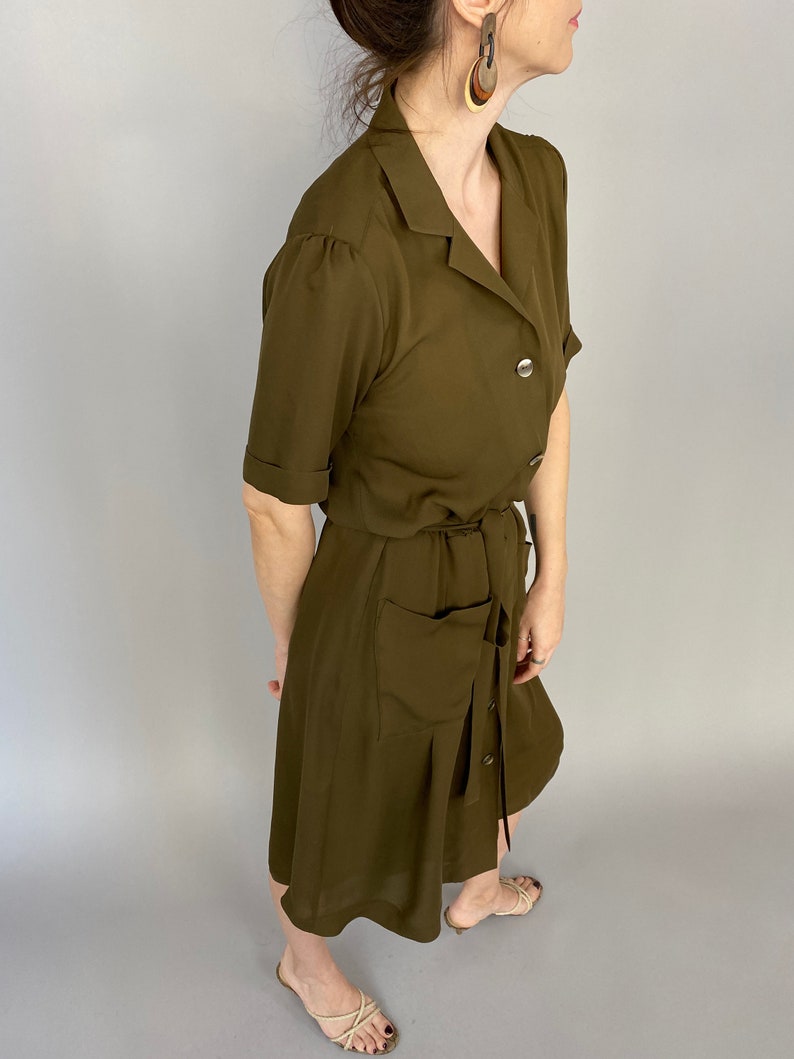 Handmade 100% Silk Midi Shirt Dress for Women Khaki Brown, Tie-Waist, Airy Summer Dress for Work or Casual Outings