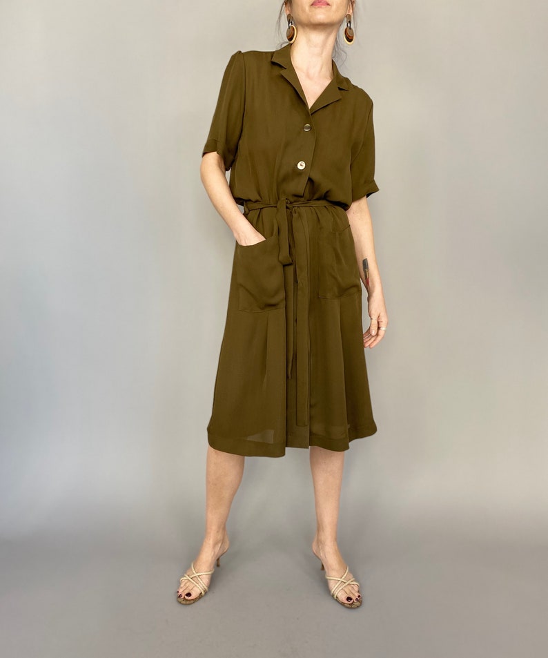 Handmade 100% Silk Midi Shirt Dress for Women Khaki Brown, Tie-Waist, Airy Summer Dress for Work or Casual Outings