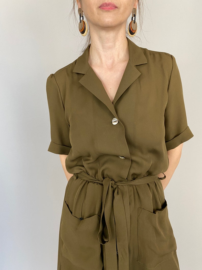 Handmade 100% Silk Midi Shirt Dress for Women Khaki Brown, Tie-Waist, Airy Summer Dress for Work or Casual Outings