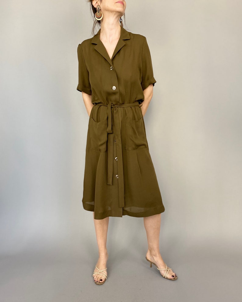 Handmade 100% Silk Midi Shirt Dress for Women Khaki Brown, Tie-Waist, Airy Summer Dress for Work or Casual Outings