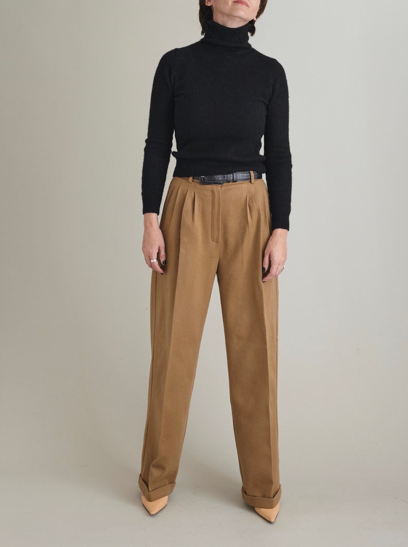 Cashmere Wool Pants for Women, Black Wool Wide Leg Pants with Pleats and Crease, Elegant Thick Warm Pants for Winter FTN57_91WOL