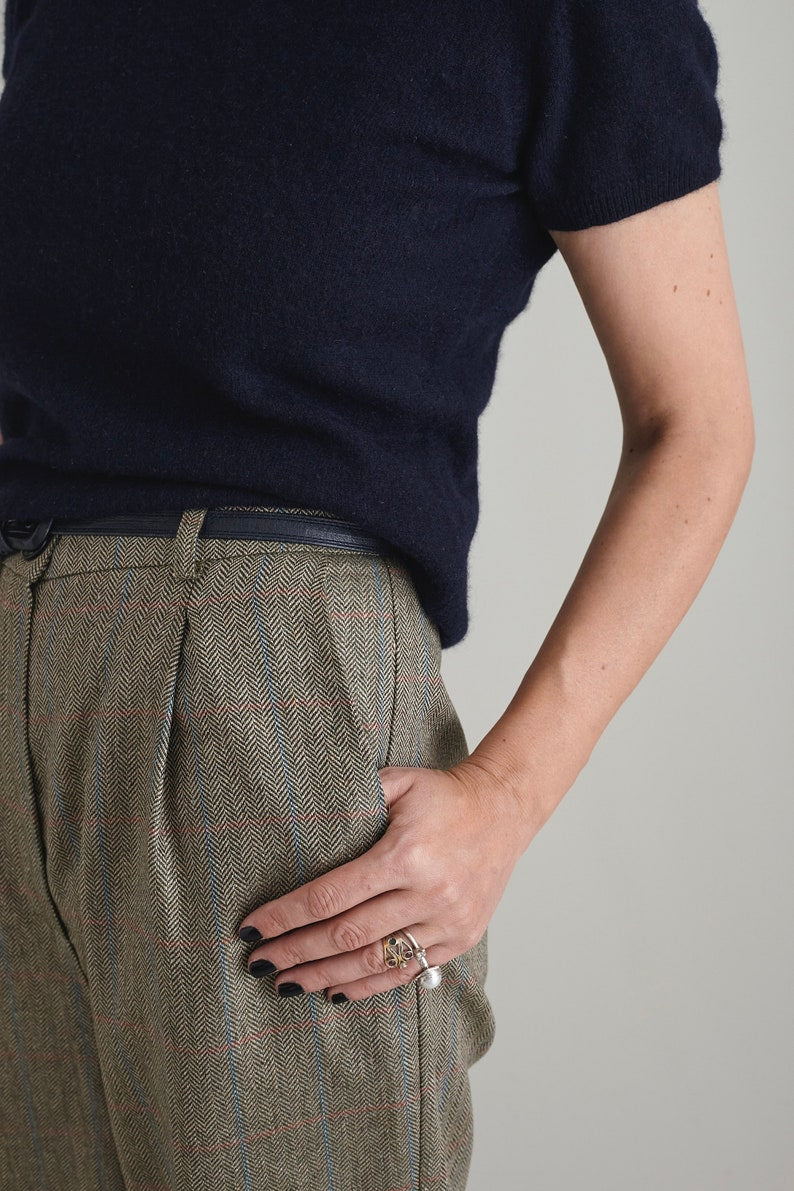 Silk - Wool Pants for Women Size XXS - XXL | Fall, Spring Tailored Trousers with High Waist and Pleats in Herringbone Design FTN1_98WOL_SIL