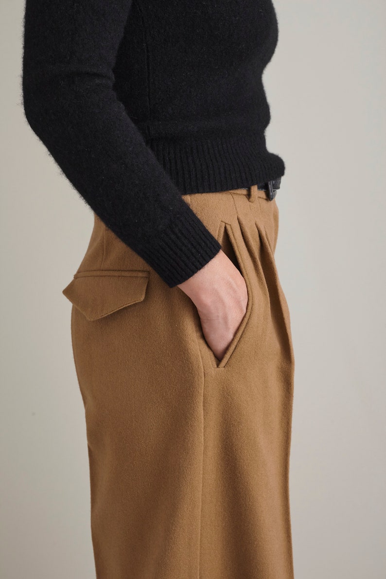 Cashmere Wool Pants for Women, Black Wool Wide Leg Pants with Pleats and Crease, Elegant Thick Warm Pants for Winter FTN57_91WOL