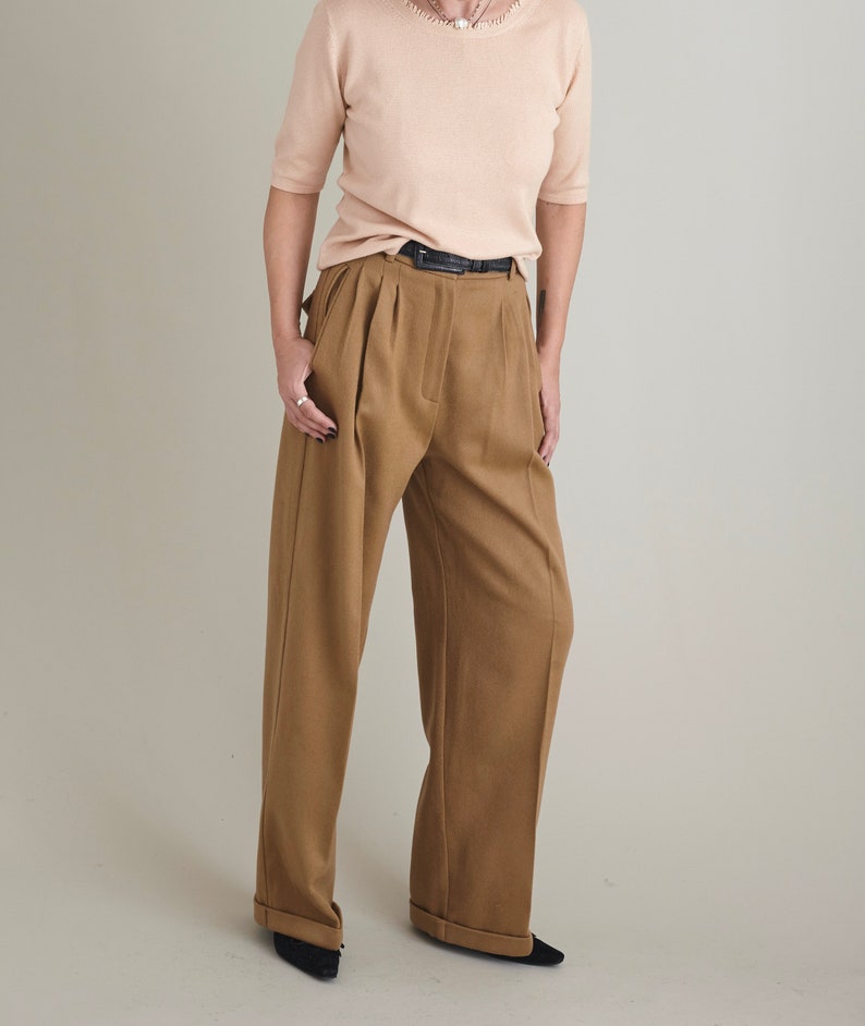 Cashmere Wool Pants for Women, Black Wool Wide Leg Pants with Pleats and Crease, Elegant Thick Warm Pants for Winter FTN57_91WOL