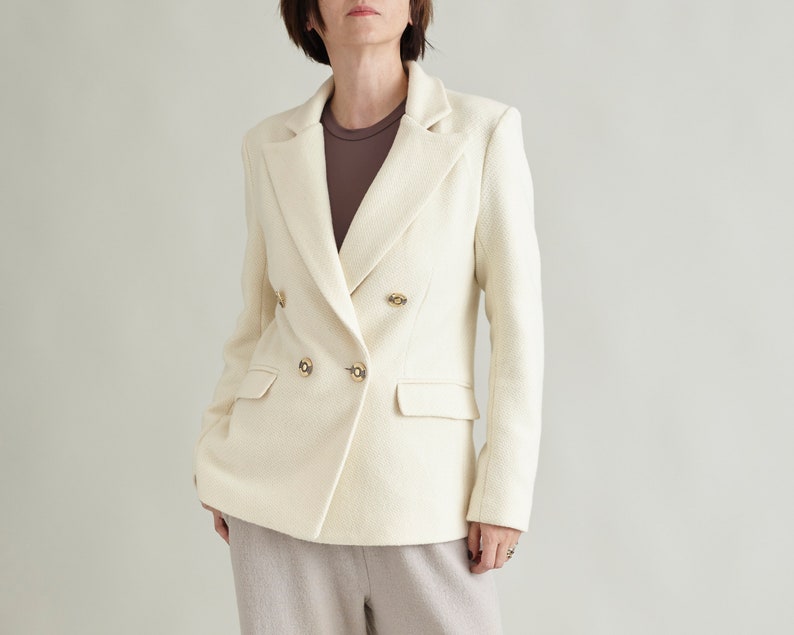 Handmade Wool Blazer for Women, White Tweed Suit Jacket, Double Breasted Cut, Elegant Classic Design, Premium Italian Fabrics, Bold Colors
