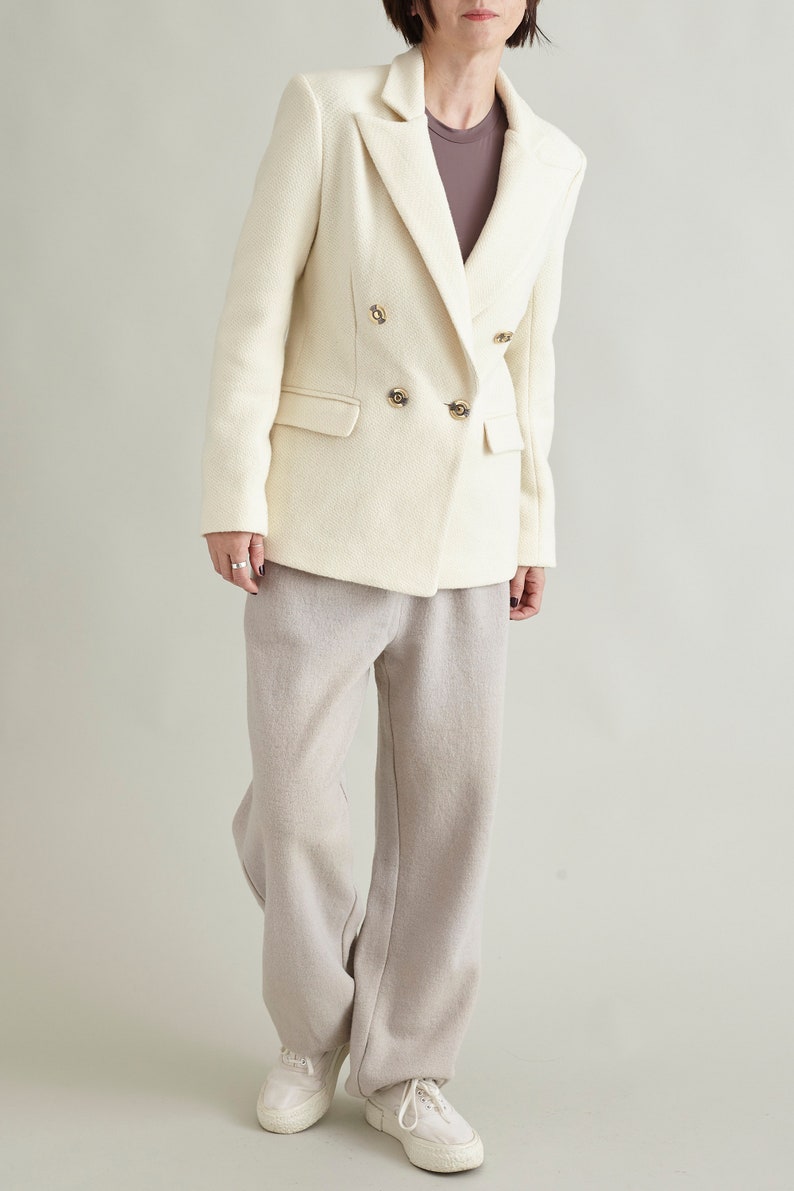 Handmade Wool Blazer for Women, White Tweed Suit Jacket, Double Breasted Cut, Elegant Classic Design, Premium Italian Fabrics, Bold Colors