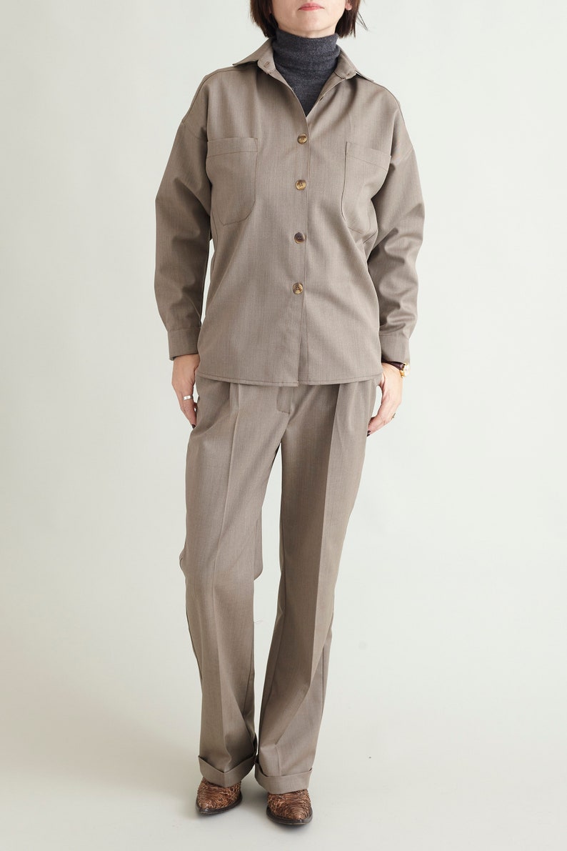 Wool Shirt and Pants Set for Women | Soft Utility Two-Piece Suit | Relaxed Fit Smart Casual Outfit for Fall to Spring | FTN62
