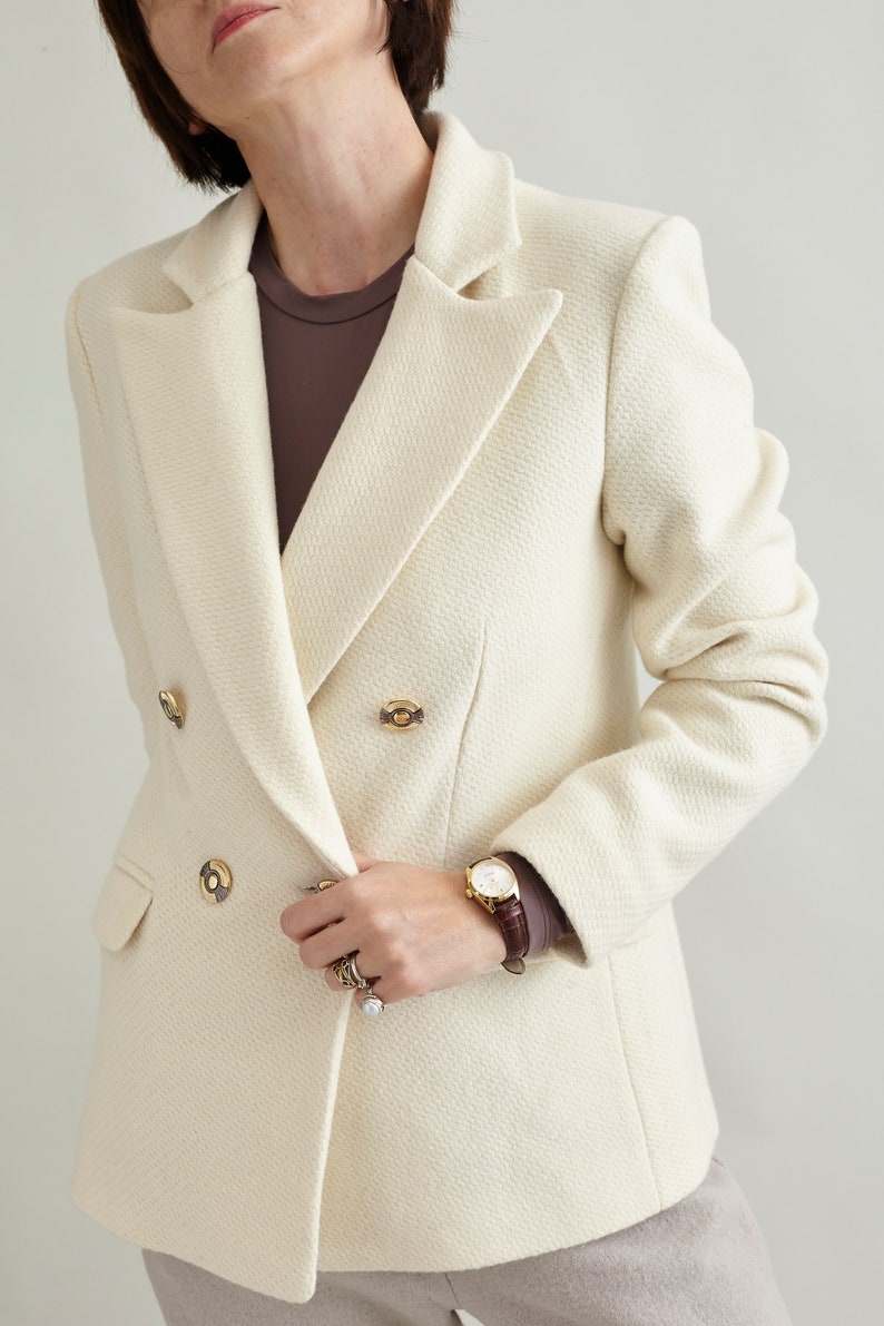 Handmade Wool Blazer for Women, White Tweed Suit Jacket, Double Breasted Cut, Elegant Classic Design, Premium Italian Fabrics, Bold Colors