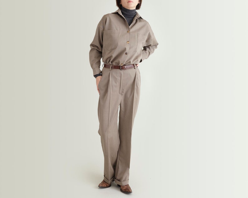 Wool Shirt and Pants Set for Women | Soft Utility Two-Piece Suit | Relaxed Fit Smart Casual Outfit for Fall to Spring | FTN62