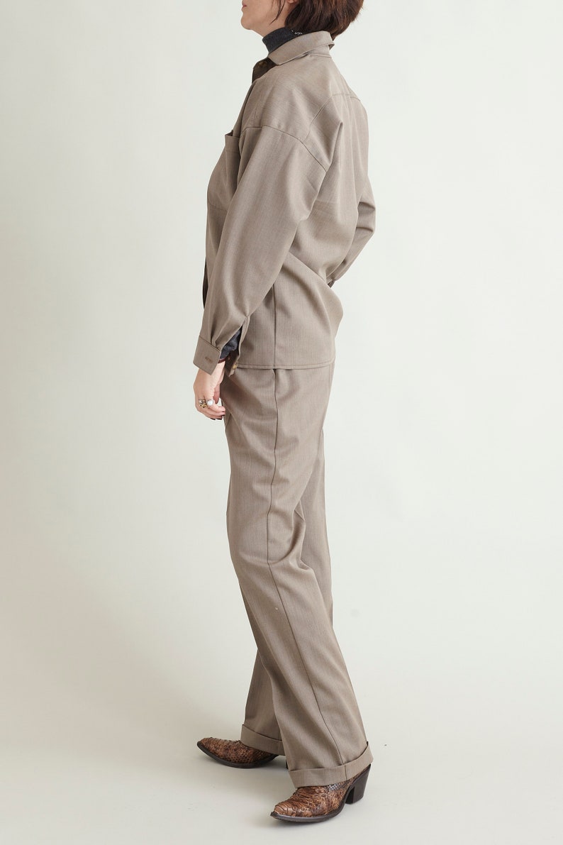 Wool Shirt and Pants Set for Women | Soft Utility Two-Piece Suit | Relaxed Fit Smart Casual Outfit for Fall to Spring | FTN62