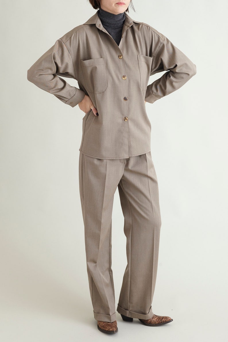 Wool Shirt and Pants Set for Women | Soft Utility Two-Piece Suit | Relaxed Fit Smart Casual Outfit for Fall to Spring | FTN62