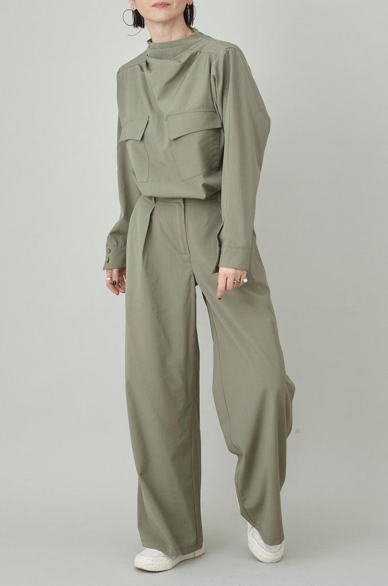 Custom Wool Two Piece Set | Drape Collar Blouse + Wide-Leg Pants | Quiet Luxury Monochrome Suit | Tailored Workwear for Women