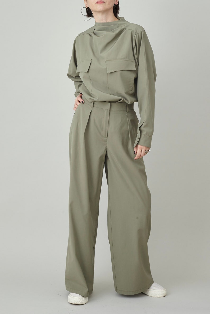 Custom Wool Two Piece Set | Drape Collar Blouse + Wide-Leg Pants | Quiet Luxury Monochrome Suit | Tailored Workwear for Women