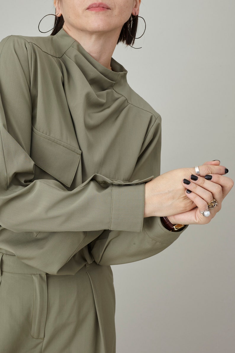 Custom Wool Two Piece Set | Drape Collar Blouse + Wide-Leg Pants | Quiet Luxury Monochrome Suit | Tailored Workwear for Women
