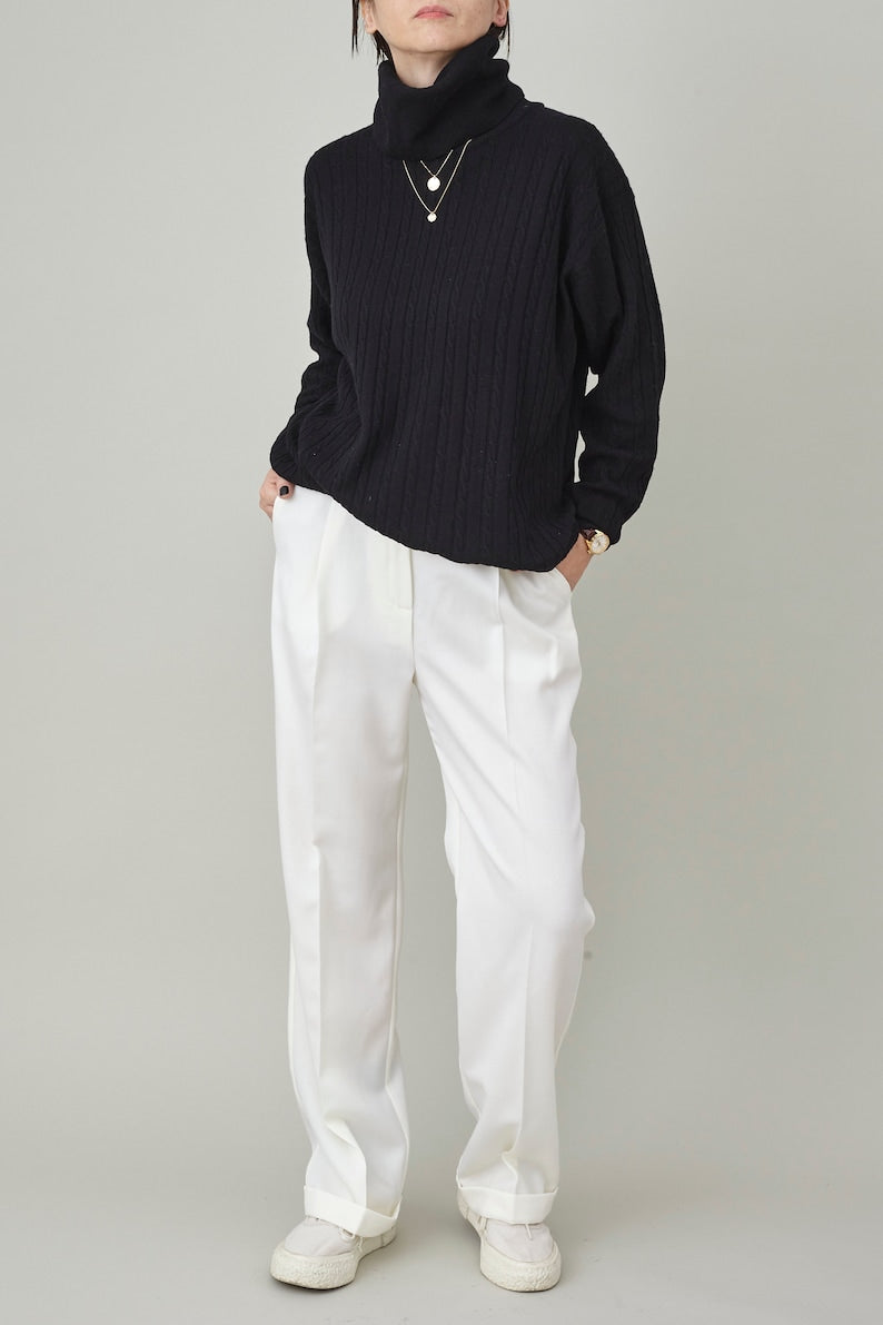 White Wool Pants for Women, Pleated, High Waist Straight-Leg Tailored Trousers with Ironed Crease, Elegant Bottoms for Formal Outfits