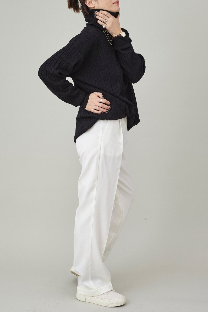White Wool Pants for Women, Pleated, High Waist Straight-Leg Tailored Trousers with Ironed Crease, Elegant Bottoms for Formal Outfits