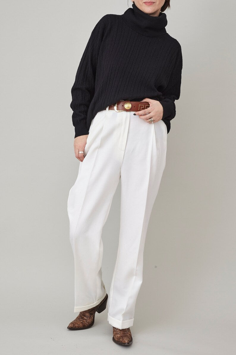 White Wool Pants for Women, Pleated, High Waist Straight-Leg Tailored Trousers with Ironed Crease, Elegant Bottoms for Formal Outfits