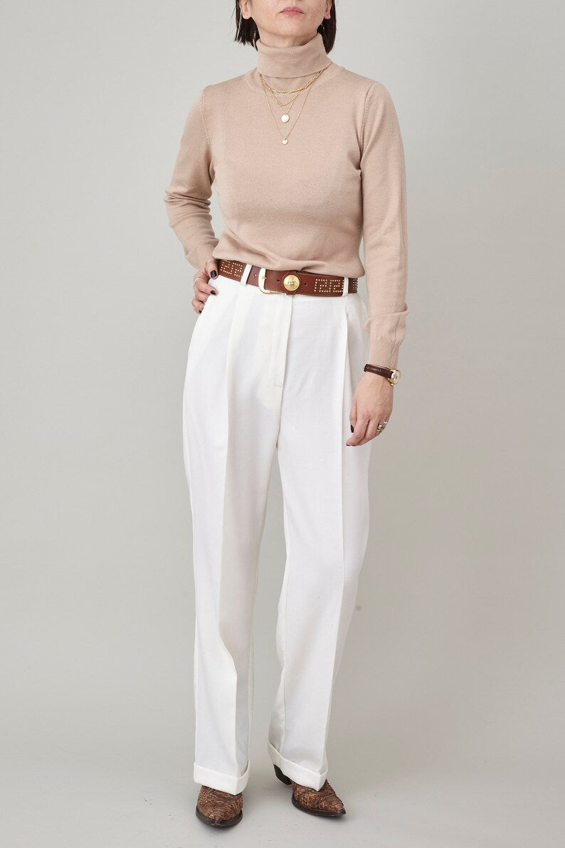 White Wool Pants for Women, Pleated, High Waist Straight-Leg Tailored Trousers with Ironed Crease, Elegant Bottoms for Formal Outfits