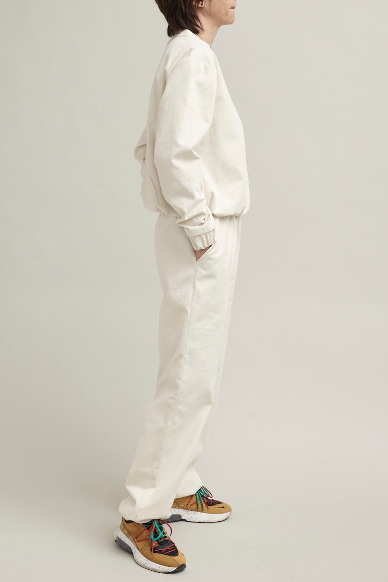 Two Piece Set with Sweat Pants and Sweat Blouse | White Pants with Elastic Waist and Matching Top