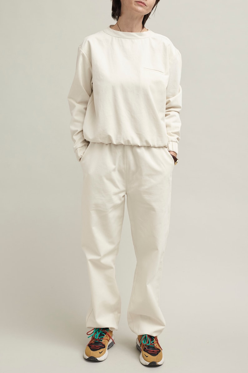 Two Piece Set with Sweat Pants and Sweat Blouse | White Pants with Elastic Waist and Matching Top