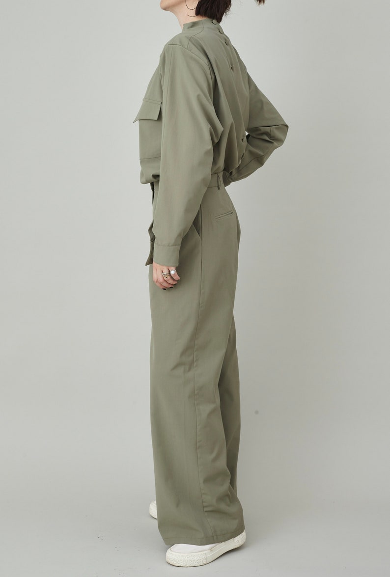 Custom Wool Two Piece Set | Drape Collar Blouse + Wide-Leg Pants | Quiet Luxury Monochrome Suit | Tailored Workwear for Women