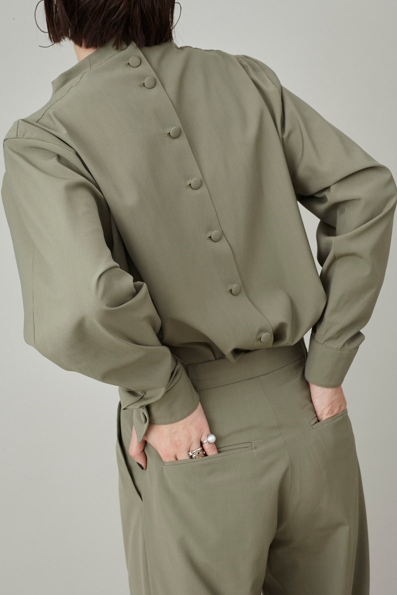 Custom Wool Two Piece Set | Drape Collar Blouse + Wide-Leg Pants | Quiet Luxury Monochrome Suit | Tailored Workwear for Women