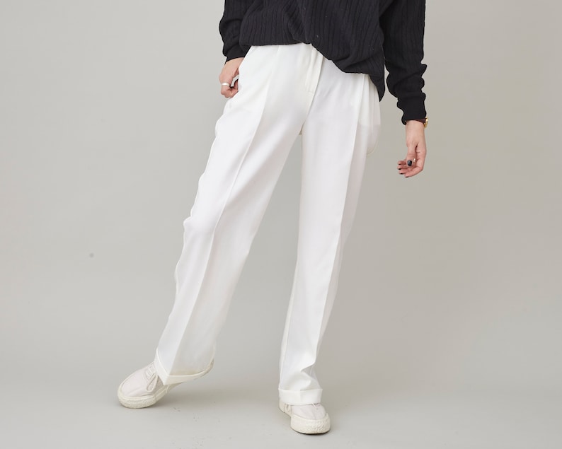 White Wool Pants for Women, Pleated, High Waist Straight-Leg Tailored Trousers with Ironed Crease, Elegant Bottoms for Formal Outfits