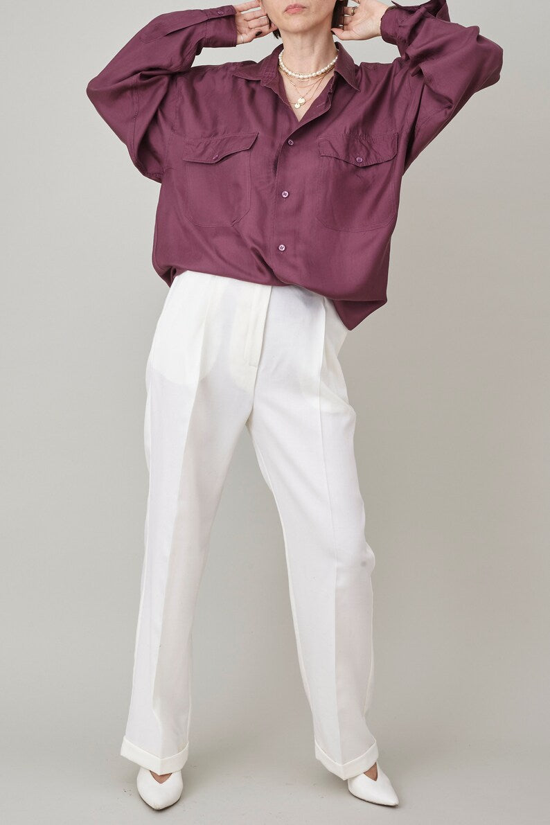 White Wool Pants for Women, Pleated, High Waist Straight-Leg Tailored Trousers with Ironed Crease, Elegant Bottoms for Formal Outfits