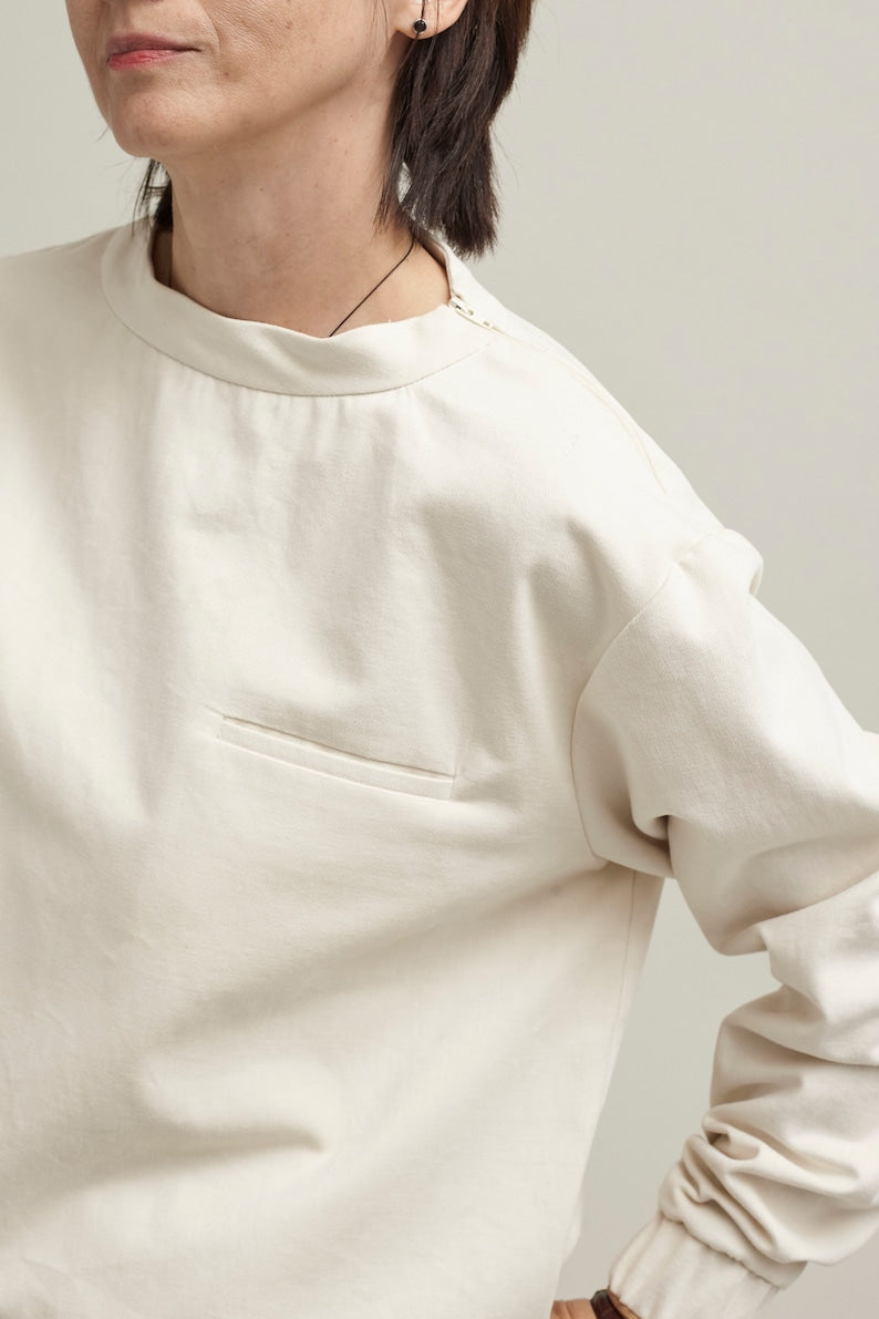 Two Piece Set with Sweat Pants and Sweat Blouse | White Pants with Elastic Waist and Matching Top