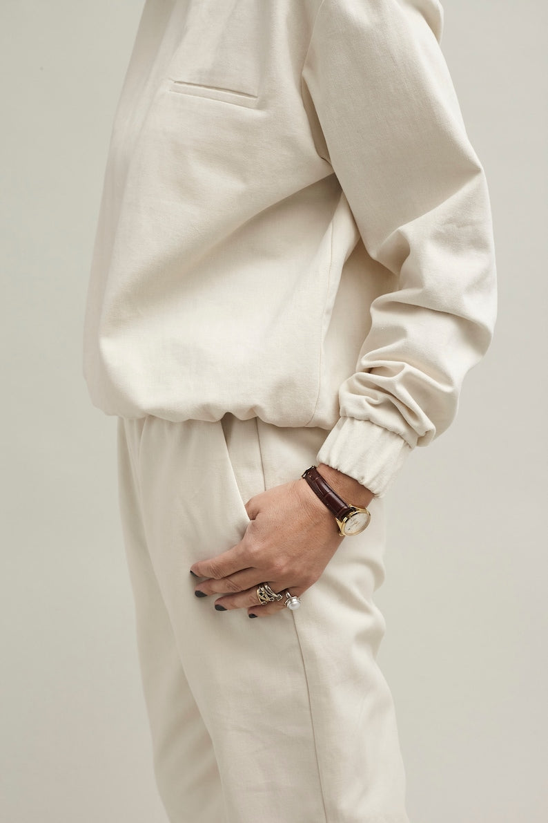 Two Piece Set with Sweat Pants and Sweat Blouse | White Pants with Elastic Waist and Matching Top