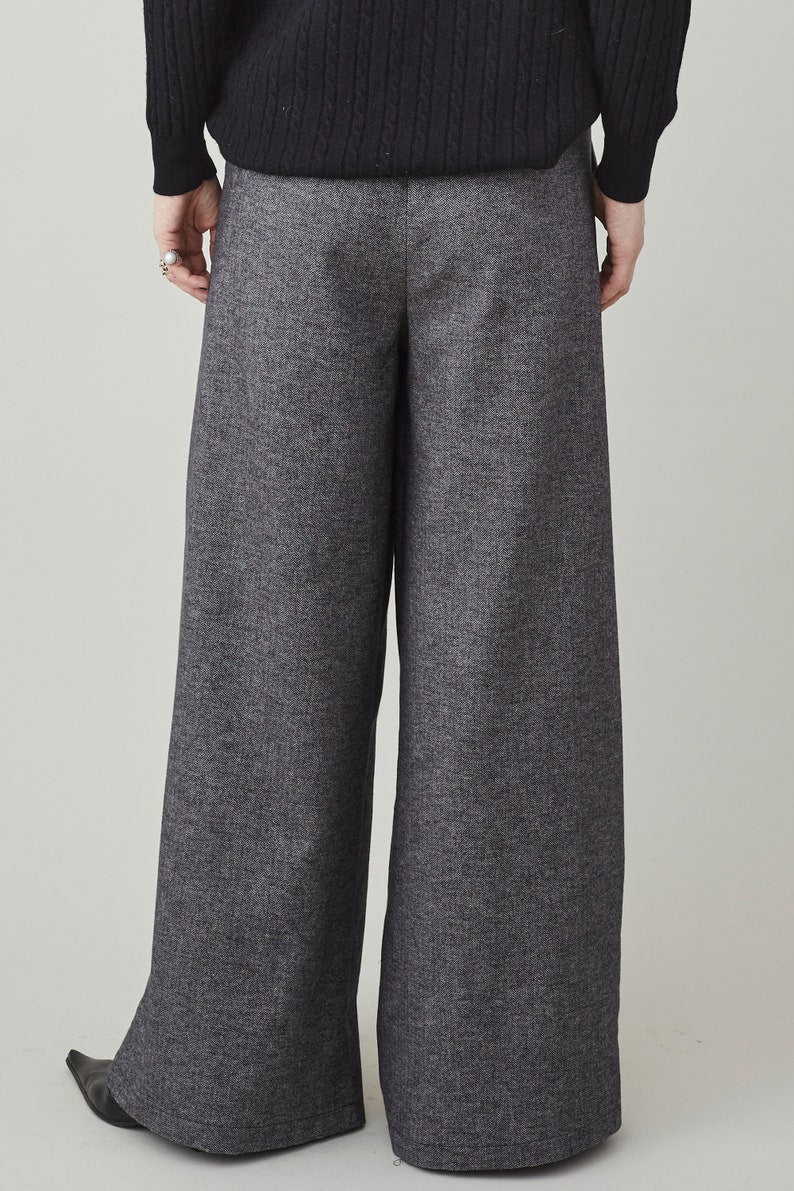 Handmade Wide Leg Pants for Women, Custom Tailored Trousers with High Rise and Pleats, Grey Herringbone Print Soft Cotton Spring Fall Pants