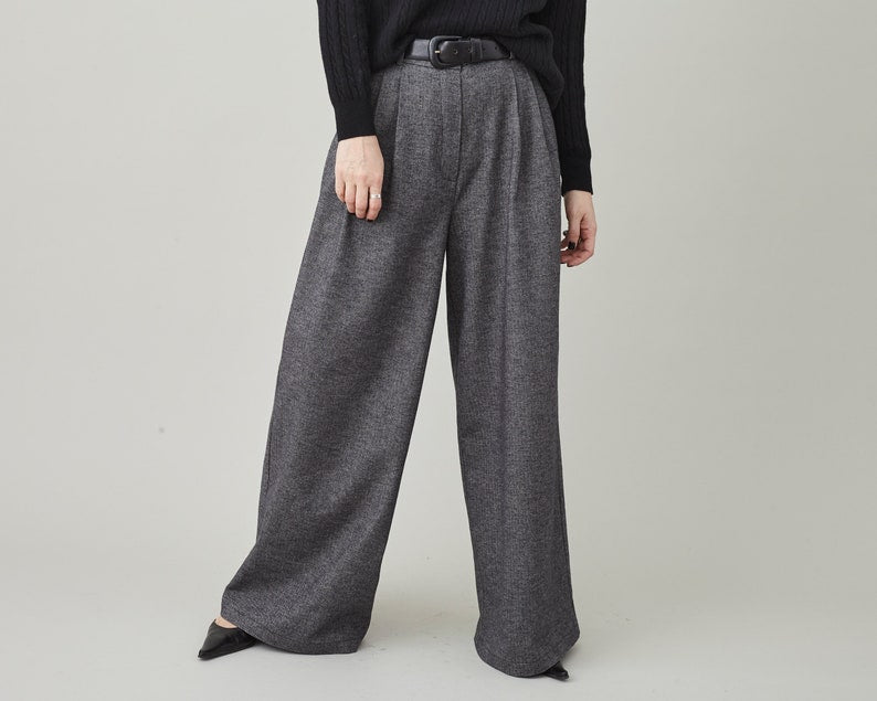 Handmade Wide Leg Pants for Women, Custom Tailored Trousers with High Rise and Pleats, Grey Herringbone Print Soft Cotton Spring Fall Pants