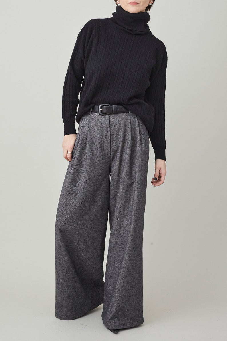 Handmade Wide Leg Pants for Women, Custom Tailored Trousers with High Rise and Pleats, Grey Herringbone Print Soft Cotton Spring Fall Pants