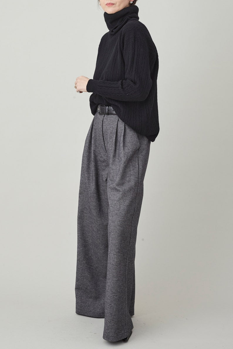 Handmade Wide Leg Pants for Women, Custom Tailored Trousers with High Rise and Pleats, Grey Herringbone Print Soft Cotton Spring Fall Pants