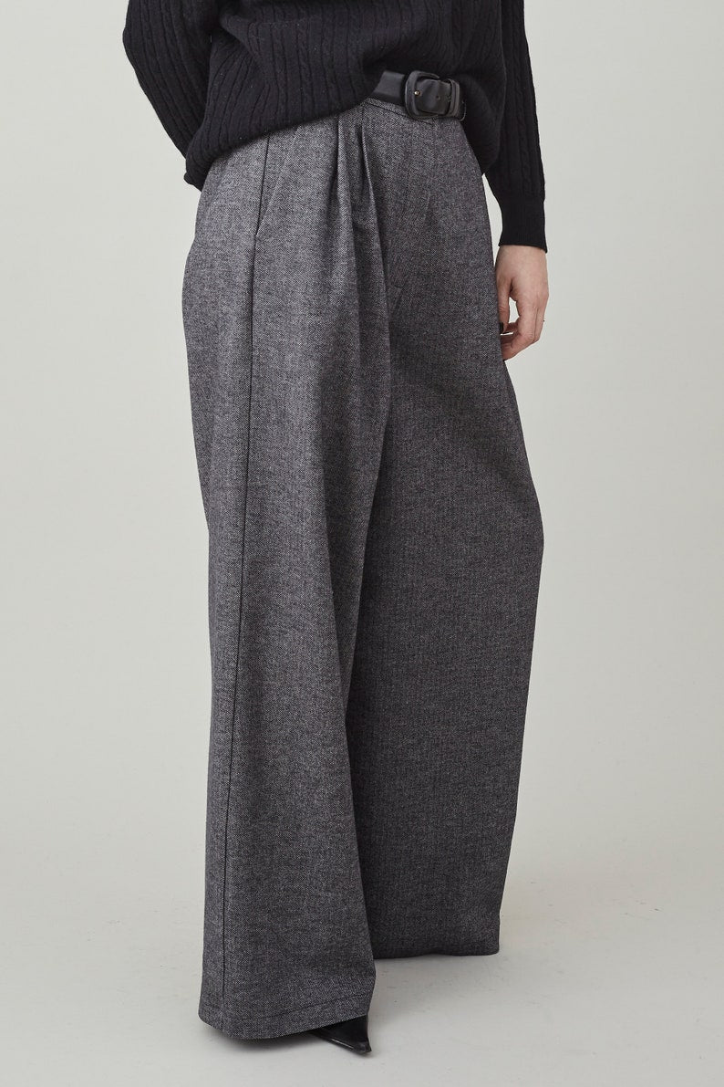 Handmade Wide Leg Pants for Women, Custom Tailored Trousers with High Rise and Pleats, Grey Herringbone Print Soft Cotton Spring Fall Pants