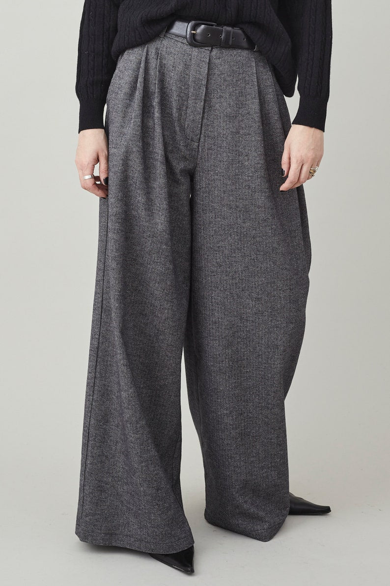 Handmade Wide Leg Pants for Women, Custom Tailored Trousers with High Rise and Pleats, Grey Herringbone Print Soft Cotton Spring Fall Pants