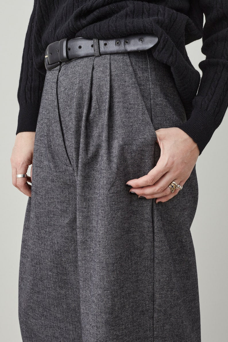 Handmade Wide Leg Pants for Women, Custom Tailored Trousers with High Rise and Pleats, Grey Herringbone Print Soft Cotton Spring Fall Pants