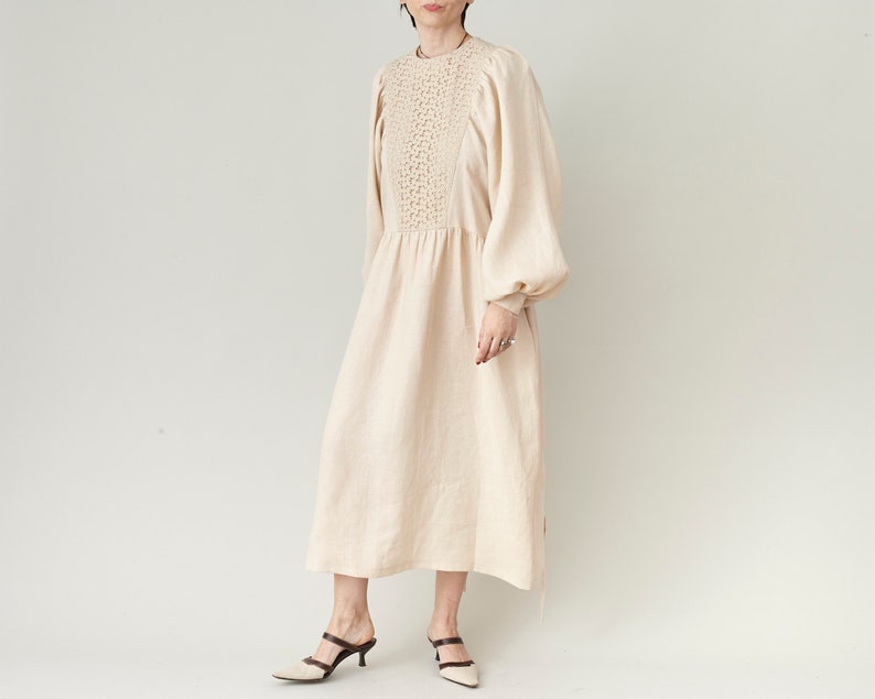 Refined Linen Midi Dress with Broderie Anglaise Yoke – Elegant Long Sleeve Dress with Tie Waist & Pockets | Handmade Natural Linen Dress