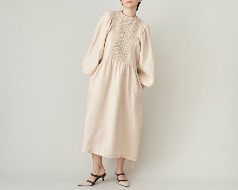 Refined Linen Midi Dress with Broderie Anglaise Yoke – Elegant Long Sleeve Dress with Tie Waist & Pockets | Handmade Natural Linen Dress