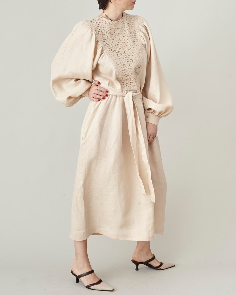 Refined Linen Midi Dress with Broderie Anglaise Yoke – Elegant Long Sleeve Dress with Tie Waist & Pockets | Handmade Natural Linen Dress